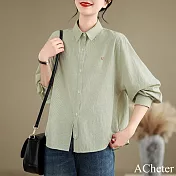 【ACheter】 條紋襯衫翻領休閒百搭寬鬆顯瘦長袖氣質短版上衣# 121417 M 綠色