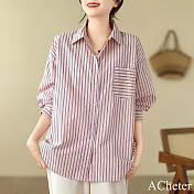 【ACheter】 中長款單口袋豎條紋襯衫BF簡約寬鬆長袖短版上衣# 121421 M 粉紅色