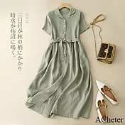 【ACheter】 文藝復古棉麻感氣質短袖連身裙翻繫腰大擺長版洋裝# 121449 M 綠色