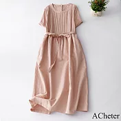 【ACheter】 棉麻感連身裙長版韓版寬鬆短袖圓領風琴褶洋裝# 121450 M 粉紅色