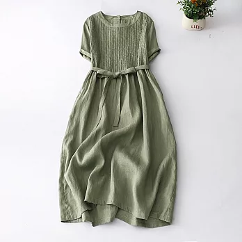 【ACheter】 棉麻感連身裙長版韓版寬鬆短袖圓領風琴褶洋裝# 121450 M 綠色
