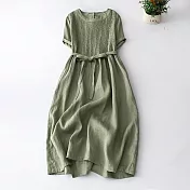 【ACheter】 棉麻感連身裙長版韓版寬鬆短袖圓領風琴褶洋裝# 121450 XL 綠色