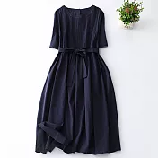 【ACheter】 棉麻感連身裙長版韓版寬鬆短袖圓領風琴褶洋裝# 121450 M 藏青色