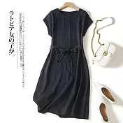 【ACheter】 文藝復古棉麻感連身裙簡約系帶中長款短袖圓領洋裝# 121451 M 黑色