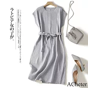 【ACheter】 文藝復古棉麻感連身裙簡約系帶中長款短袖圓領洋裝# 121451 M 銀灰色