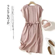 【ACheter】 文藝復古棉麻感連身裙簡約系帶中長款短袖圓領洋裝# 121451 M 粉紅色