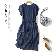 【ACheter】 文藝復古棉麻感連身裙簡約系帶中長款短袖圓領洋裝# 121451 M 深藍色