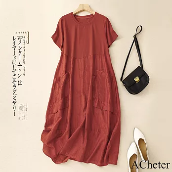 【ACheter】 文藝拼接圓領短袖連身裙冰絲緹花氣質長版洋裝# 121452 M 紅色