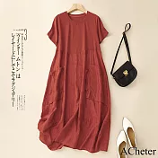 【ACheter】 文藝拼接圓領短袖連身裙冰絲緹花氣質長版洋裝# 121452 XL 紅色