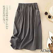 【ACheter】 棉麻感文藝復古半身裙高腰寬鬆顯瘦鬆緊腰長裙# 121453 M 深灰色