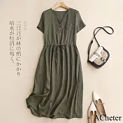 【ACheter】 綠色棉麻大碼連身裙中長版A字裙收腰顯瘦薄款圓領短袖洋裝# 121454 M 綠色