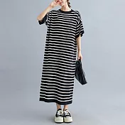 【ACheter】 針織條紋圓領短袖連身裙長版寬鬆洋裝# 121470 FREE 黑白色