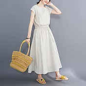 【ACheter】 文藝大擺裙可收腰寬鬆大碼棉麻感圓領蓋短袖連身裙純色洋裝# 121471 XL 灰色