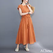 【ACheter】 文藝大擺裙可收腰寬鬆大碼棉麻感圓領蓋短袖連身裙純色洋裝# 121471 XL 橘色