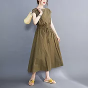 【ACheter】 文藝大擺裙可收腰寬鬆大碼棉麻感圓領蓋短袖連身裙純色洋裝# 121471 M 軍綠色