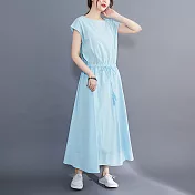 【ACheter】 文藝大擺裙可收腰寬鬆大碼棉麻感圓領蓋短袖連身裙純色洋裝# 121471 M 藍色