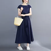 【ACheter】 文藝大擺裙可收腰寬鬆大碼棉麻感圓領蓋短袖連身裙純色洋裝# 121471 XL 藏青色