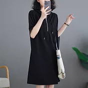 【ACheter】 韓版大碼連帽抽繩短袖拉鍊V領連身裙中長洋裝# 121475 M 黑色