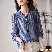 【MsMore】 藍色印花雪紡襯衫優雅氣質長袖短版上衣# 121488 XL 藍色