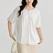 【MsMore】 繡花中式國風V領泡泡短袖寬鬆中長版上衣# 121500 XL 白色