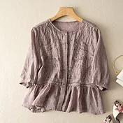 【ACheter】 五分短袖上衣薄文藝復古重工刺繡棉麻感圓領短版上衣# 121557 2XL 紫色