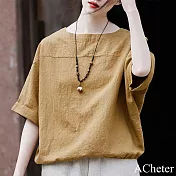 【ACheter】 五分短袖圓領棉麻感上衣氣質中國風茶服短版# 121560 L 黃色