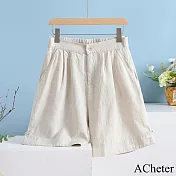 【ACheter】 棉麻感闊腿五分褲寬鬆復古休閒短褲鬆緊高腰# 121570 2XL 杏色