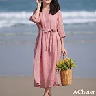【ACheter】 棉麻感圓領文藝大碼寬鬆遮肚飄逸七分袖大擺連身裙長洋裝# 121572 L 粉紅色