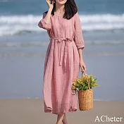 【ACheter】 棉麻感圓領文藝大碼寬鬆遮肚飄逸七分袖大擺連身裙長洋裝# 121572 2XL 粉紅色