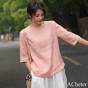 【ACheter】 棉麻感復古文藝圓領寬鬆五分短袖百搭短版純色上衣# 121574 L 粉紅色