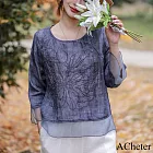 【ACheter】 棉麻感國風上衣文藝復古刺繡圓領七分袖短版# 121576 L 藍色