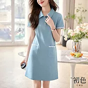 【初色】小香風寬鬆顯瘦休閒POLO領短袖連身裙洋裝-11款任選-33320(M-2XL可選) XL C.藍色