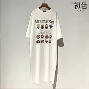 【初色】韓系中大碼印花圖案圓領短袖T恤洋裝 -6款任選-33861(M-2XL可選) XL B.白色