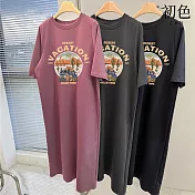 【初色】韓系中大碼印花圖案圓領短袖T恤洋裝 -6款任選-33861(M-2XL可選) XL E.紫紅色