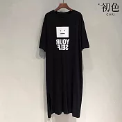 【初色】韓系中大碼印花圖案圓領短袖T恤洋裝 -6款任選-33861(M-2XL可選) M F.黑色