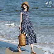 【初色】日系棉麻風涼爽透氣中大碼短袖洋裝連身裙-共12款任選-67993(M-2XL可選) L C.花色