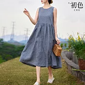 【初色】日系棉麻風涼爽透氣中大碼短袖洋裝連身裙-共12款任選-67993(M-2XL可選) L E.藍色