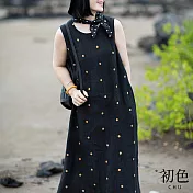 【初色】日系棉麻風涼爽透氣中大碼短袖洋裝連身裙-共12款任選-67993(M-2XL可選) L F.黑色