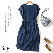 【初色】日系棉麻風涼爽透氣中大碼短袖洋裝連身裙-共12款任選-67993(M-2XL可選) L I.深藍色
