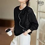【初色】拼接蕾絲圓領珍珠立體花卉裝飾長袖T恤上衣女上衣-黑色-33505(M-2XL可選) L 黑色
