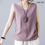 【AMIEE】純色棉麻圓領無袖背心(KDTY-6010) L 紫色