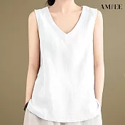 【AMIEE】文藝棉麻V領內搭無袖上衣(KDTY-8007) L 白色