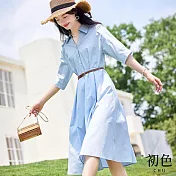 【初色】簡約翻領半排扣收腰顯瘦襯衫型連衣裙連身洋裝長洋裝-藍色-33420(M-XL可選) L 藍色