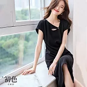 【初色】鏤空摺皺素色收腰顯瘦短袖連身裙洋裝-黑色-33439(M-2XL可選) XL 黑色