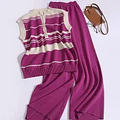 【MsMore】 撞色條紋針織背心馬甲無袖上衣+高腰闊腿長褲時尚兩件式套裝# 121050 FREE 紫色