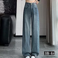 【Jilli~ko】時尚高腰闊腿直筒拖地牛仔褲 M─XXL J11751 M 復古藍
