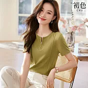 【初色】簡約純色拉鍊圓領短袖弧形下擺顯瘦T恤上衣女上衣-綠色-33455(M-2XL可選) XL 綠色
