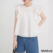 【MsMore】 風琴褶飛飛短袖寬鬆遮肚子白色短版上衣# 121501 M 白色