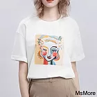 【MsMore】 印花短袖T恤休閒減齡圓領短版上衣# 121505 M 白色