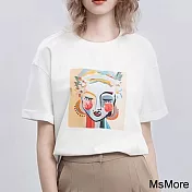 【MsMore】 印花短袖T恤休閒減齡圓領短版上衣# 121505 XL 白色